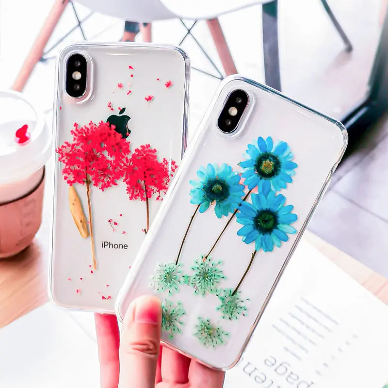 

Real Dried Flower Cases For iPhone X 6 6S Plus XR XS Max Transparent Soft TPU Green Plants Tree Phone Case For iPhone X 7 8 Plus