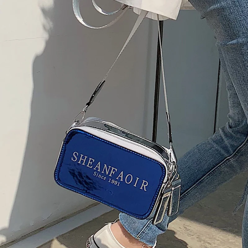 

ETAILL Laser Silver Women Chain Wide Strap Shoulder Bags Girl Patent Leather Hologram Bright Ladies Small Crossbody Bags