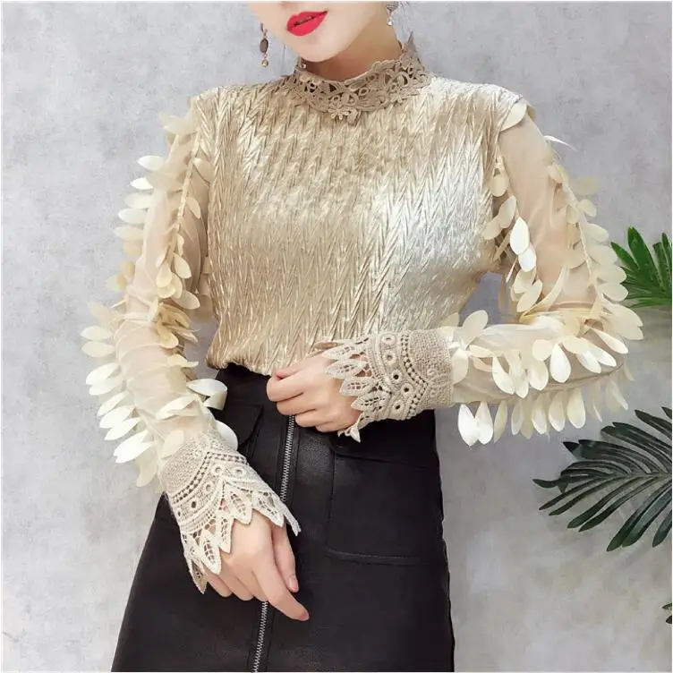 Prix Femmes Nouvelle Mode Or Velours Col montant Manches Longues Fond Chemise Décontractée Dame Gland Maille Élégant Chemisiers et Tops