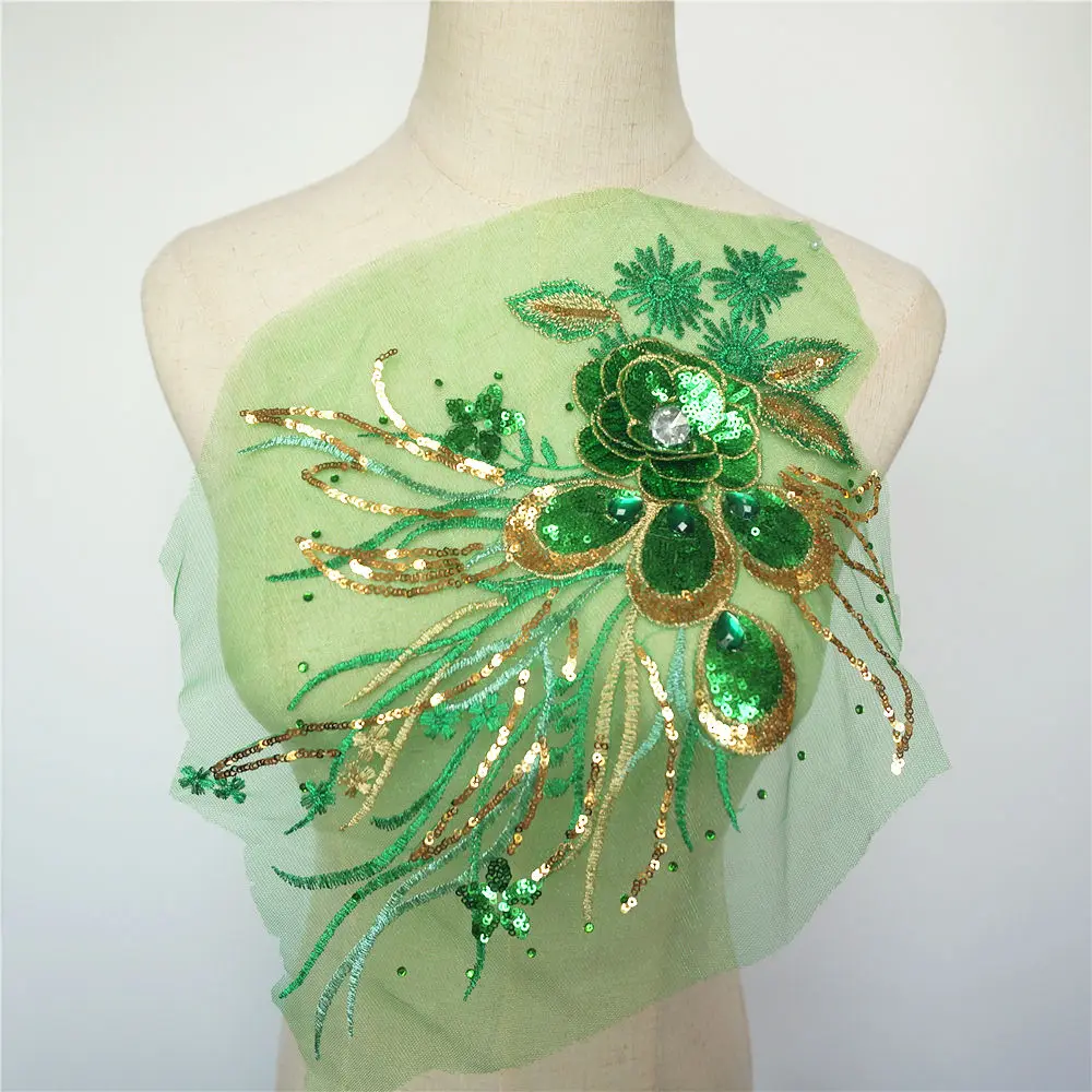 

Green Gold Sequins 3D Flowers Tassel Lace Trims Rhinestone Mesh Sew On Patches Embroidery For Wedding Appliques Decoration DIY