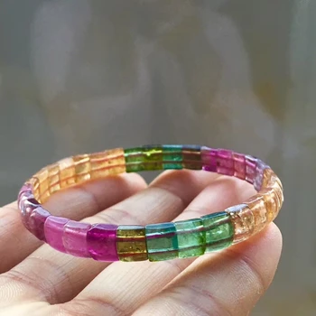 

100% Natural Rainbow Tourmaline Clear Colorful Brazil Woman Nice Bracelet Rectangle Beads Bangle 7x6mm AAAAAA Certificate