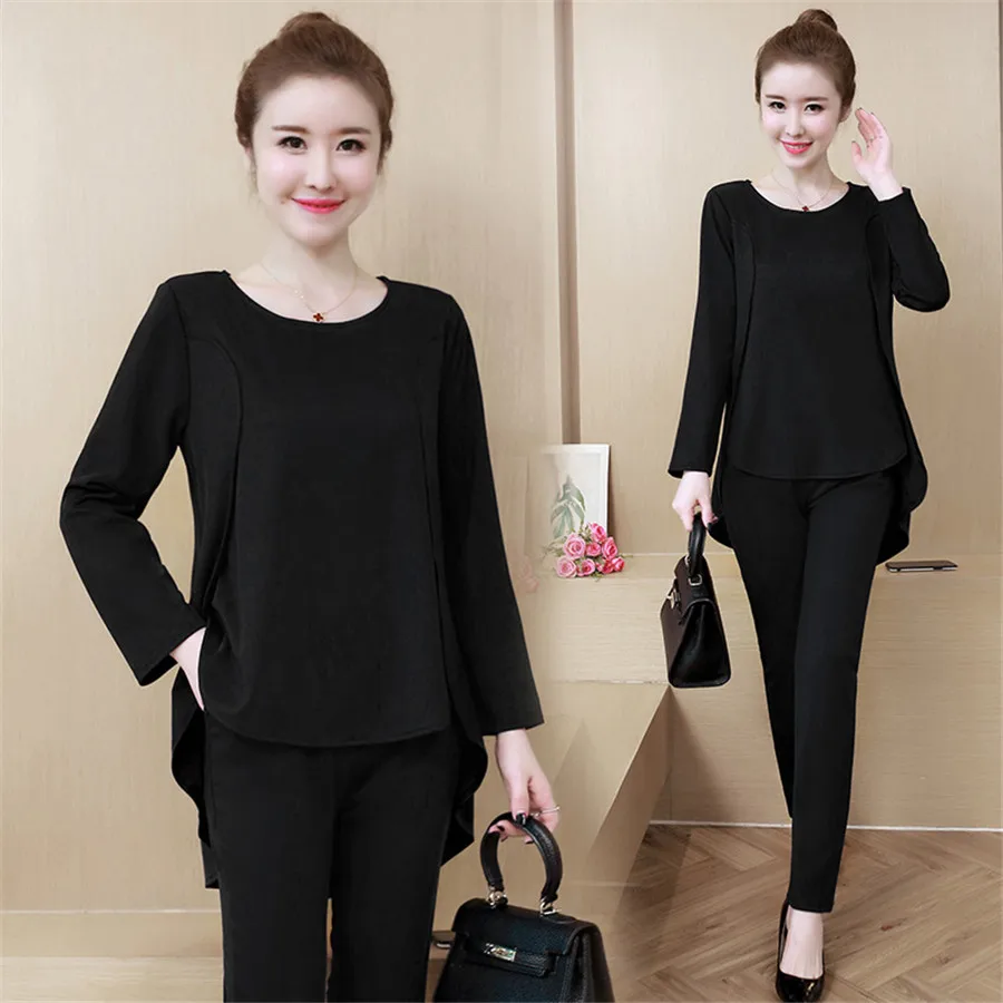 

L-5xl Black bule Top and Pants Two Piece Set Women Casual Tracksuit 2 Pieces Sets Outfits 2018 Women Solid Suits