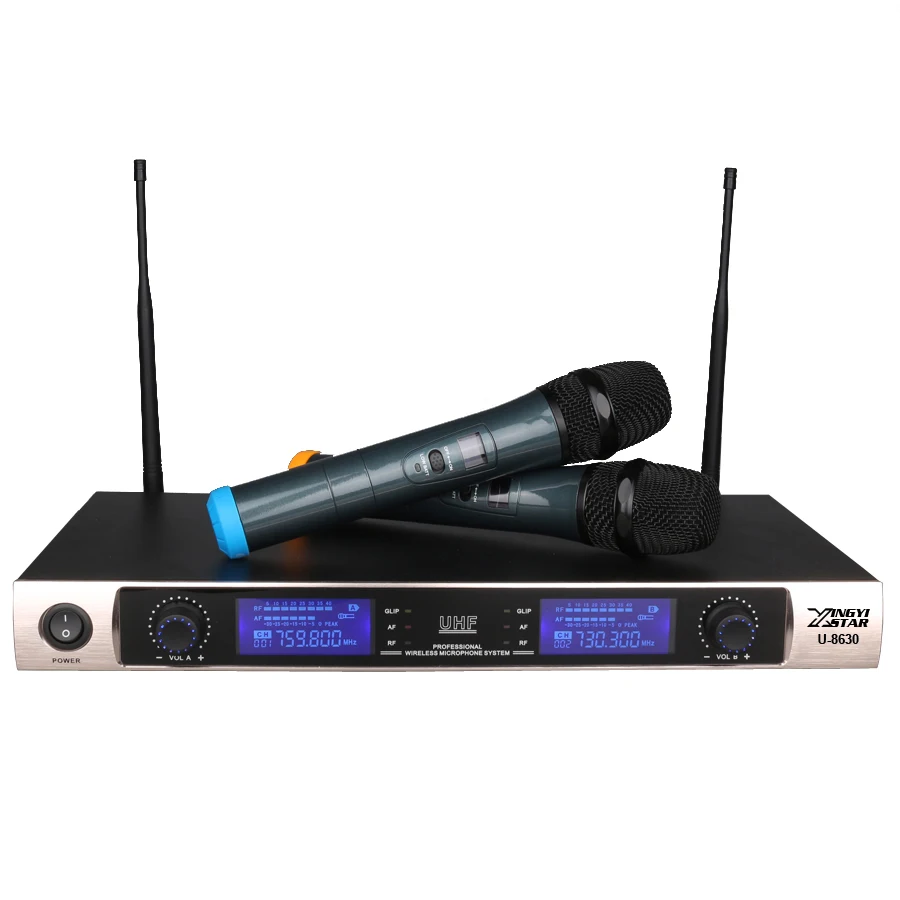 المهنية uhf ميكروفون لاسلكي كاريوكي نظام ثنائي يده ميكروفون الارسال ktv 2 قناة led اللاسلكي مايك مع المتلقي