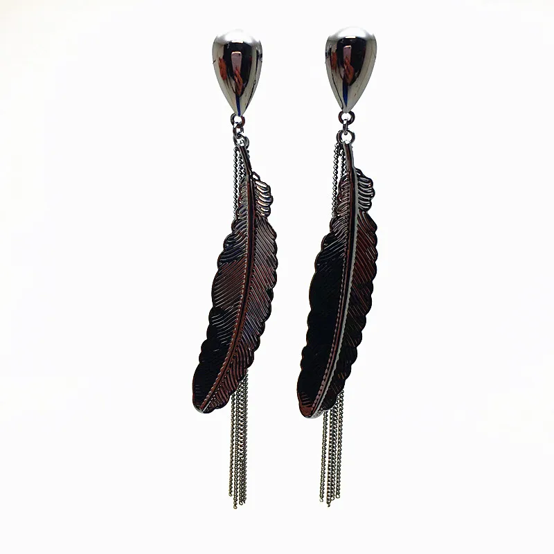 

Ms Betti 2018 unique VINTAGE FAIRY black gun plated long FEATHER chain tassel dangle earrings for women as girlfriend's gift