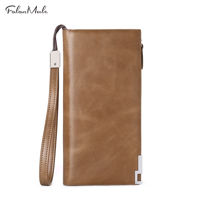 

FALAN MULE vintage genuine leather men wallets long zipper clutch purse male business leather wallet