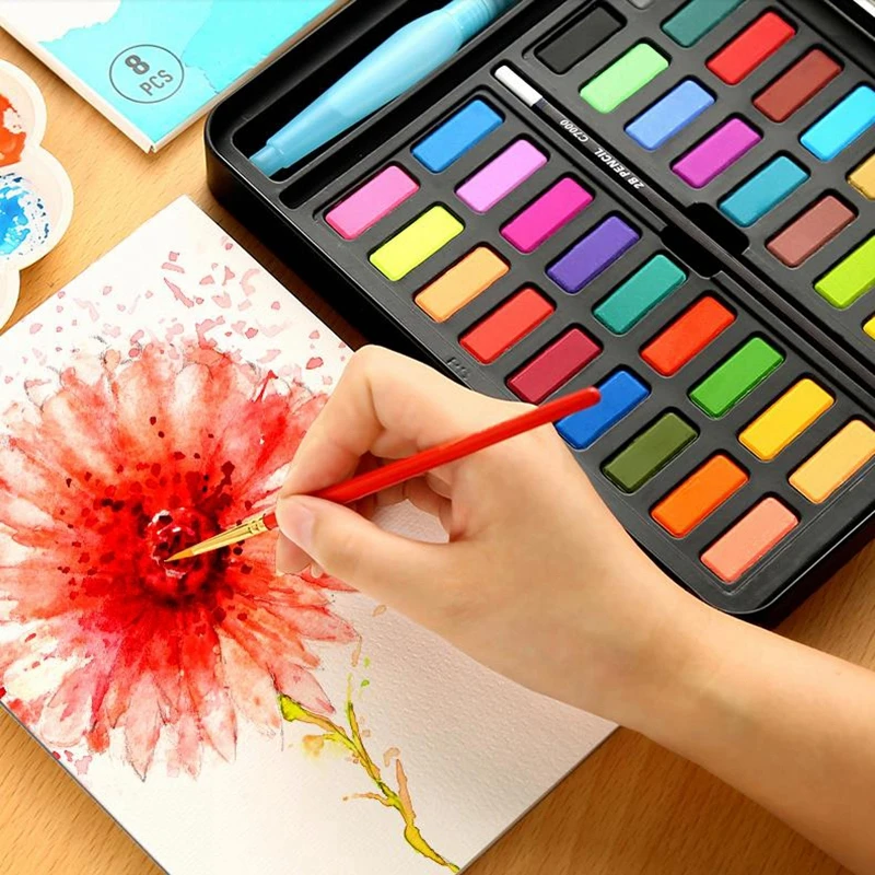 Billig 36 farben Wasser Feste Farbe Malen Set Mit Wasser Pinsel Stift Tragbare Aquarell Pigment Für Zeichnung Professionelle Kunst Liefert