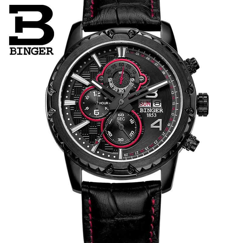 Watches Men Luxury Original Brand BINGER Sport Watches Men Fashion wristwatch Chronograph waterproof Male leather Quartz watch