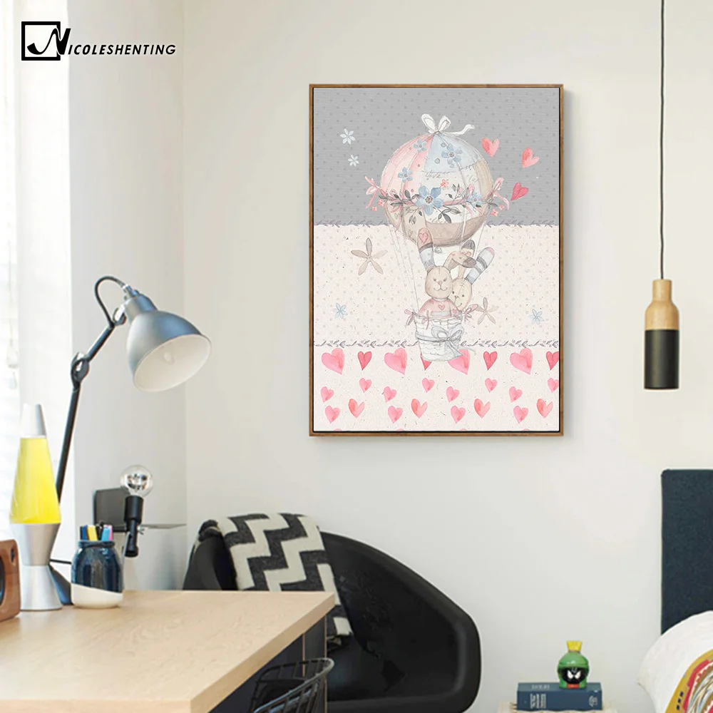 Kawaii ручная краска Кролик Воздушный Шар постер печатает минималистичный настенный Арт холст краска современная картина в детскую комнату украшение