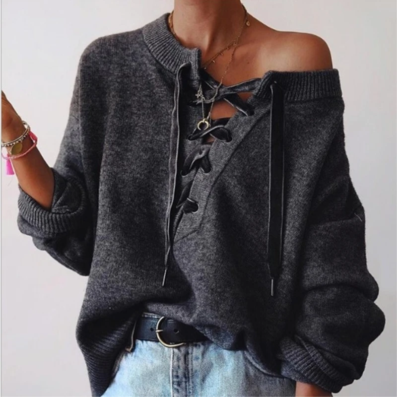 

Autumn Knitted Hoodies Sweatshirt Women Fashion Solid V-Neck Lace Up Sweatshirt Casual Oversized Loose Outerwear Jumper Pullover
