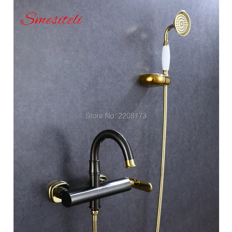 Smesiteli Недавно Роскошные Ванная комната античная черный и золотой латунь Ванна смеситель для душа кран Настенные наборы