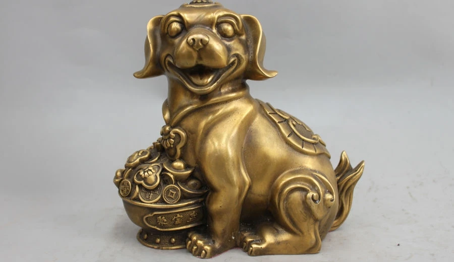 China Copper Bronze Feng shui Wealth treasure bowl Zodiac Dog Decor Statue |