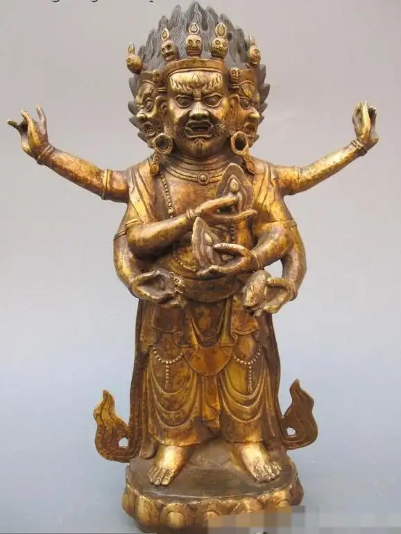 

S03724 18"Tibet Buddhist Fane Old Bronze 3 head 6 Arm Mahakala Tantric Buddha Statue (B0328)