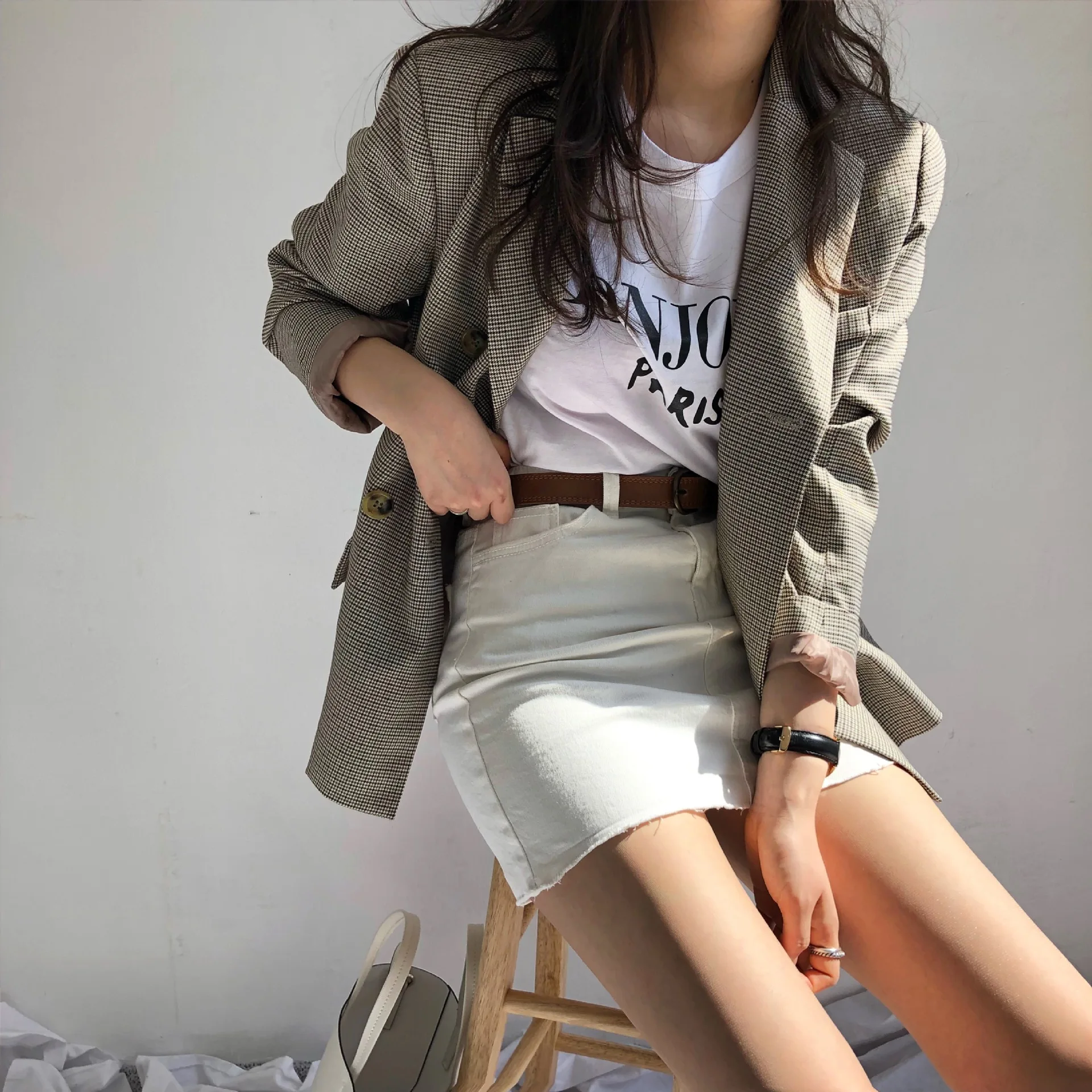 Notched Collar Women Jacket Blazer Classic Plaid Double Breasted Female Suits 2019 Spring Autumn Fashion Coat  Houndstooth Coats