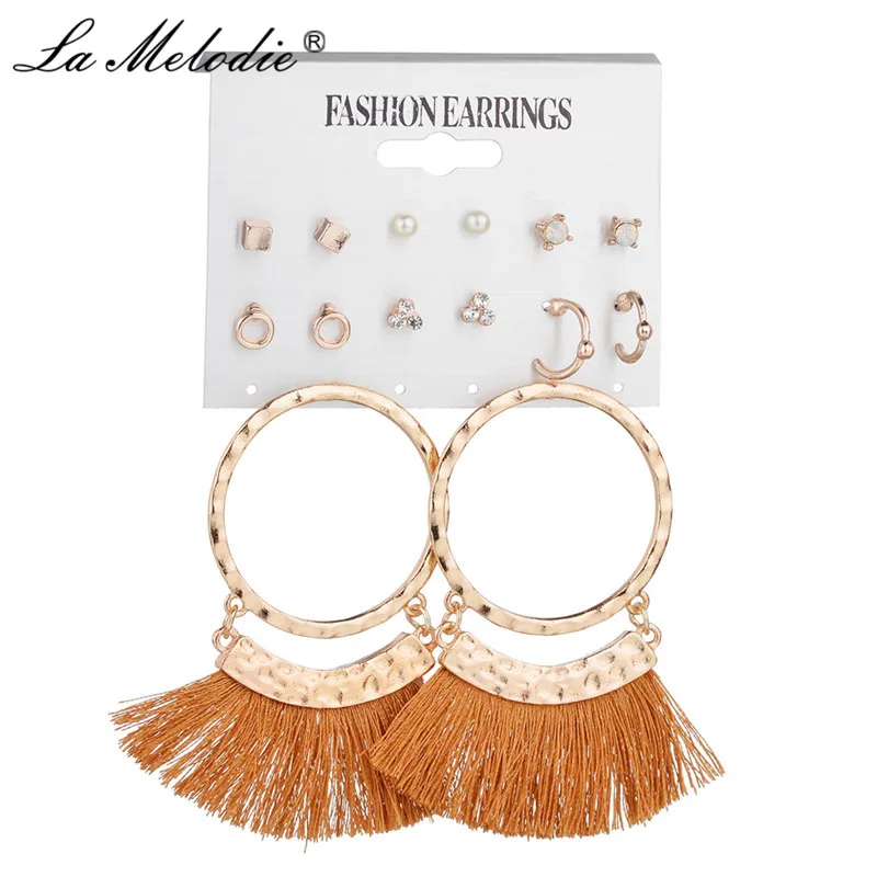 

New Bohemian Tassel Earrings Set For Women Jewelry Triangles Round Rhinestone Stud Earrings Set Ear Jewelry Boucle D'oreille