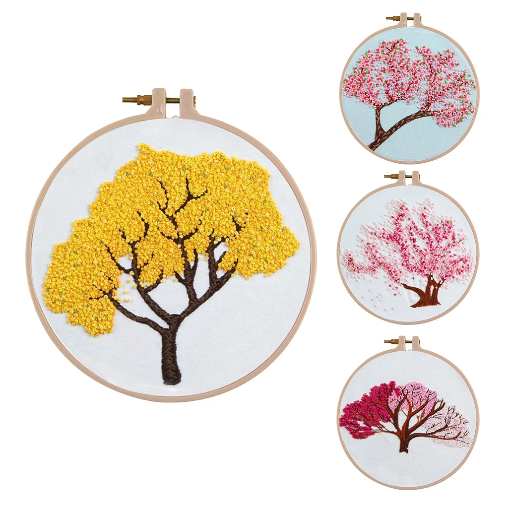 DIY Ribbon Tree Pattern Embroidery Cross Stitch Set Needlework Kits Sewing Decor