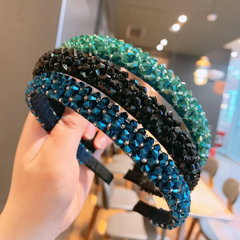 AWAYTR Solid Color Luxury Rhinestone Headband Women Beads Bezel Hair hoop Korea Hairband Girls Bride Wedding Hair Accessories