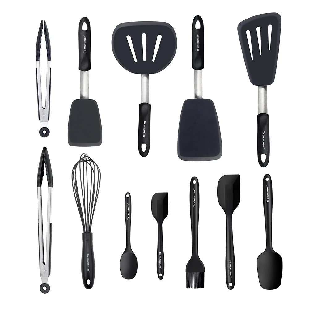 

12 Piece Silicone Kitchen Utensil Set Fish Spatulas, Pancake Flippers Egg Turners with BBQ Tong Spoon Brush and Balloon Whisk