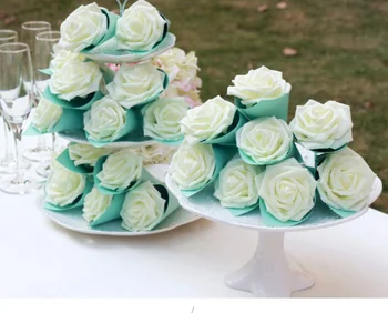 

50 x Hot White Rose Flower Bowknot Blue Ice Cream Cones Holder DIY Wedding Favors Candy Boxes Party Gifts Box Bomboniera