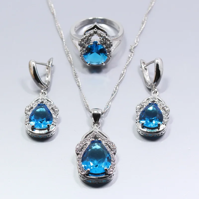 Trendy Light Blue Zircon 925 Silver Women Fashion Wedding Jewelry Sets