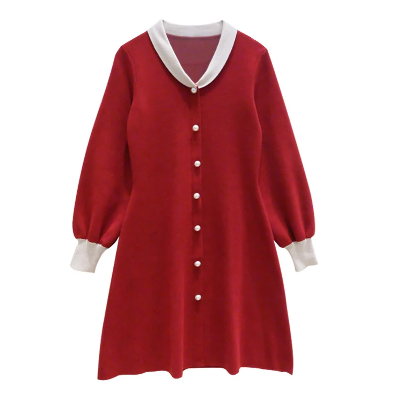 

PERHAPS U red pink blue black beige o neck long sleeve single-breasted mini short dress elegant spring autumn D0929