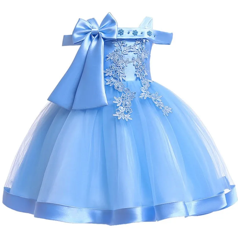 Г. Шелковое платье принцессы с цветочным узором для девочек на свадьбу, день рождения, вечеринку, детские платья-пачки для малышей, модное Ночное платье для девочек - Цвет: SkyBlue