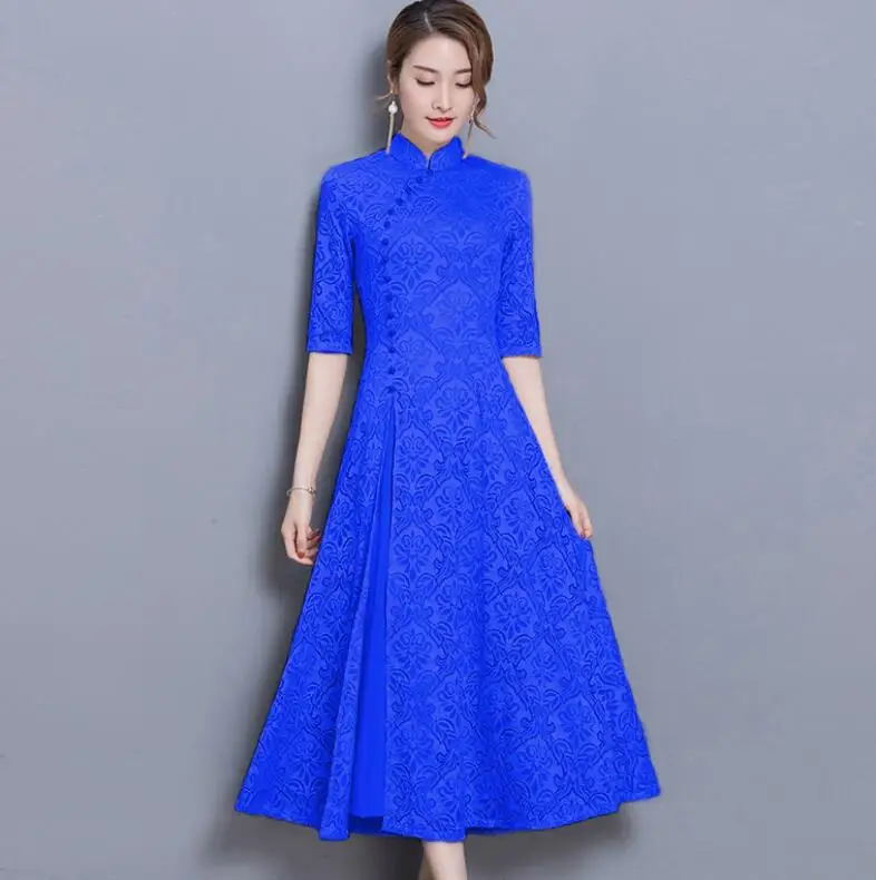 new vintage Lace Long dress women Summer Chinese Style A-Line dress Solid color Half sleeve Ankle-Length dress women - Цвет: 7