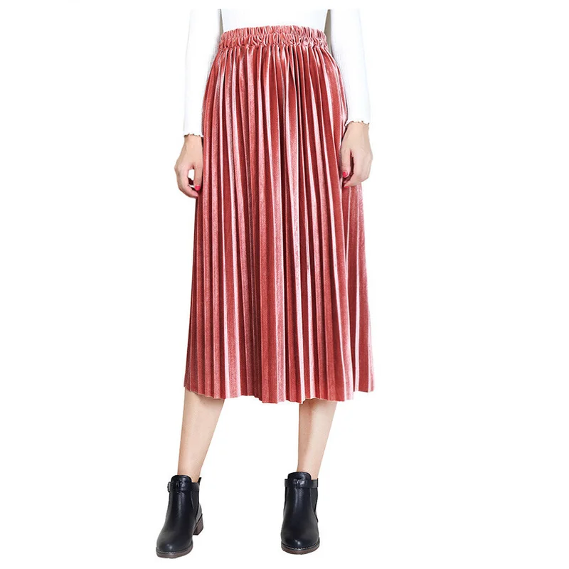 

Vintage Autumn Winter Velvet Midi Skirt Women Plus Size High Waist Pleated Skirt Casual Jupe Femme Faldas Largas