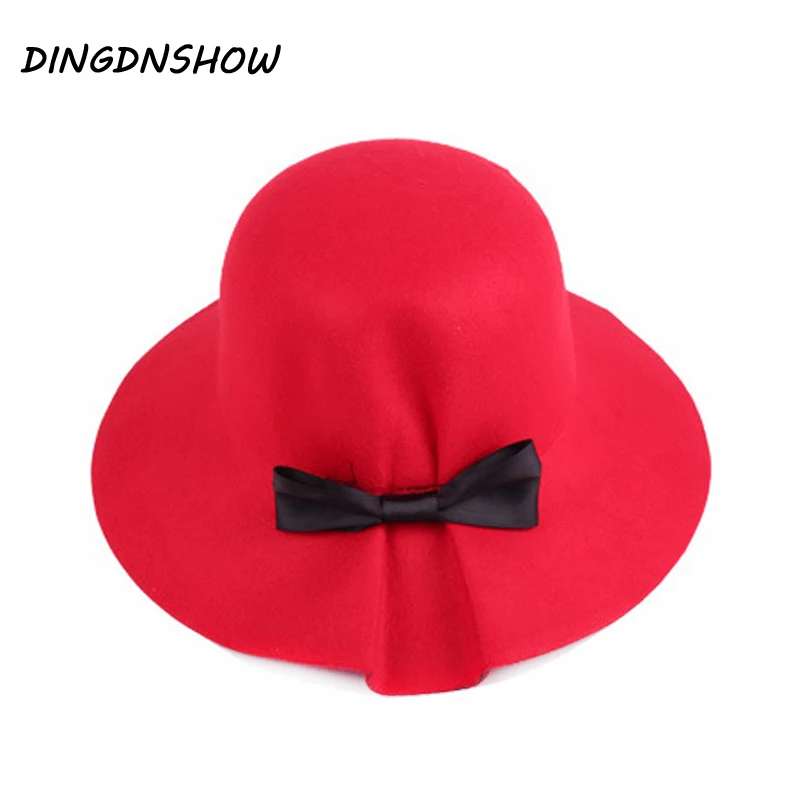 [DINGDNSHOW] модная фетровая шляпа для взрослых, шерстяная зимняя шапка сомбреро с бантом, женские теплые фетровые шляпы с цветочным рисунком для девочек