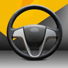 Hand-stitched Black Leather Steering Wheel Cover for Hyundai Solaris Verna I20 Accent