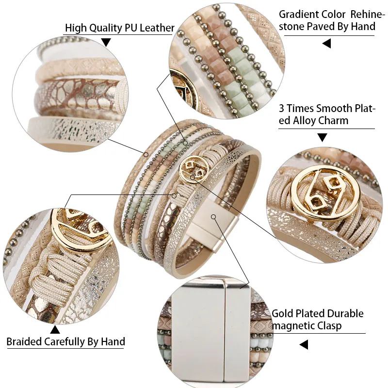 ALLYES Multilayer Bracelets for Women Rope Metal Charm Bohemian Leather Bracelet Female Wide Bracelets & Bangles Femme Jewelry