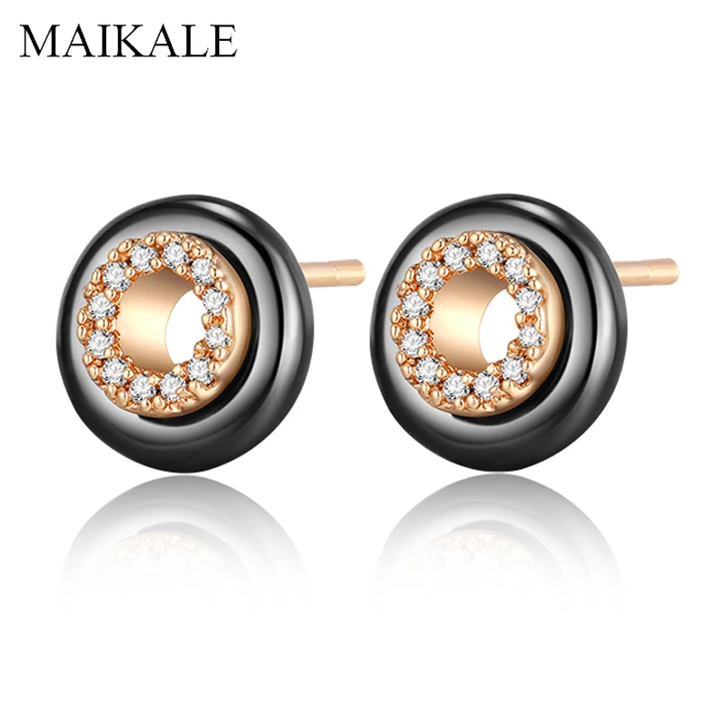 

MAIKALE New Fashion Small Round Ceramic Earrings Gold Silver Plated Zircon Gem Stone Stud Earrings for Women Gift Brincos Bijoux
