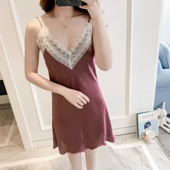 

Sexy Nightwear Nightgown Rayon Satin Sleepwear Sleepshirt Summer Women Mini Nightdress Deep V-Neck Home Dress Nightie M L XL