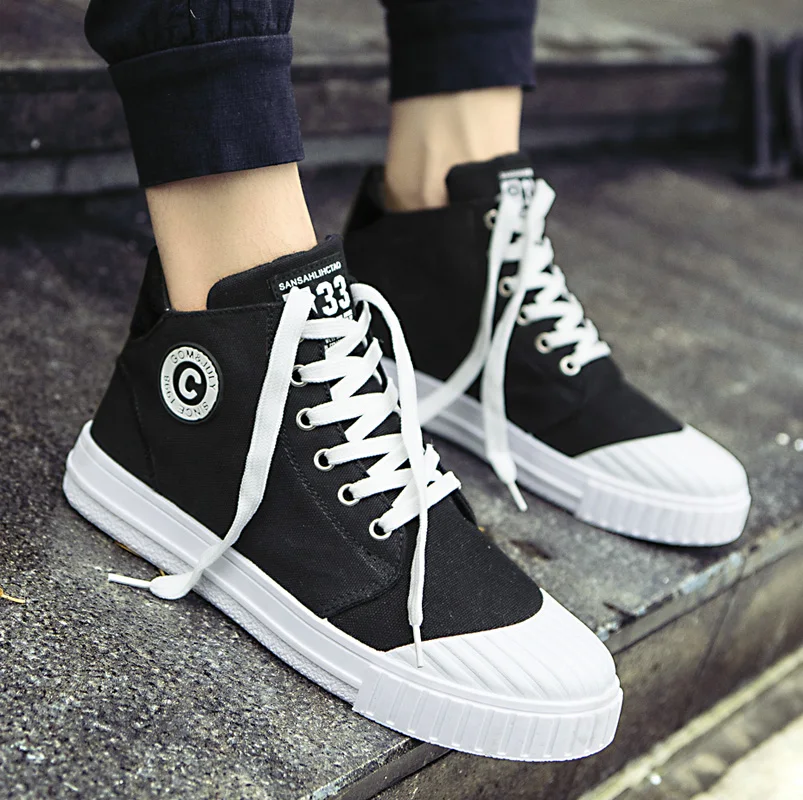Fashion Canvas Shoes Men Flats Lace-up Casual Shoes Men Sneakers Summer 2019 High Top Platform Sneakers Breathable Black Shoes