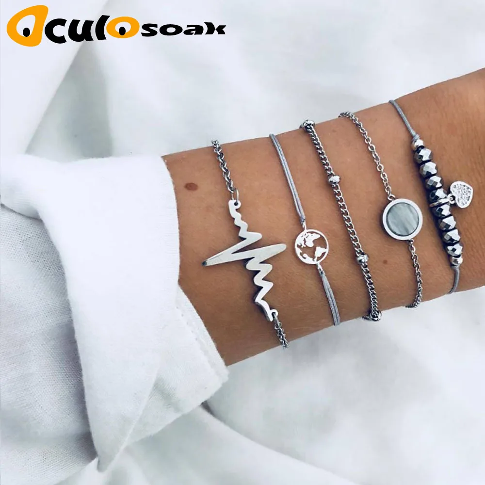 

5Pcs/set Bohemian Retro Crystal Heart Map Heartbeat Beaded Silver Bracelet Set Women Fashion Jewelry Accessories Gift