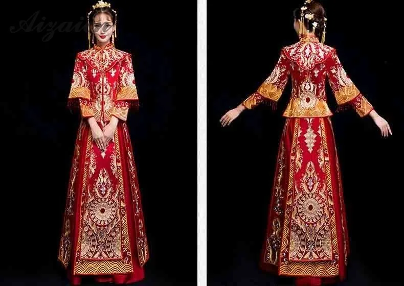 Невесты 2019 Новый феникс вышивка Cheongsam Красный кисточкой Ци Пао для женщин Китайский традиционный свадебный платье длинные китайское