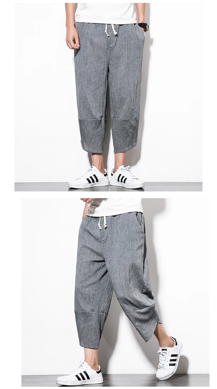Китайский стиль Летние Пляжные штаны однотонные узкие формы darwstring брюки мужчины белье Штаны Мужской Свободные укороченные Штaны-клёш