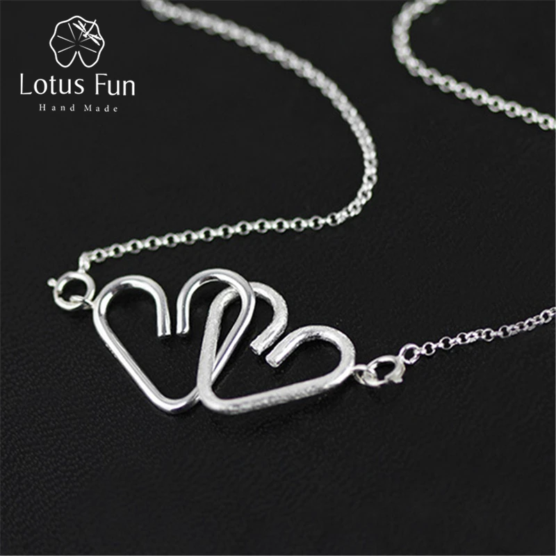 

Lotus Fun Real 925 Sterling Silver Handmade Designer Fine Jewelry Heart to Heart Necklace with Pendant Fashion for Women Collier