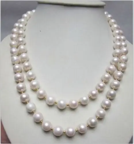 

Hot selling free shipping******LONG AAA+9-10MM SOUTH SEA ROUND white Golden beads PEARL NECKLACE 14K 33
