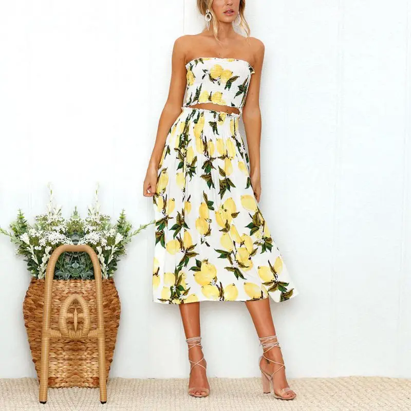 

Floral Sunflower Lemon Print Women's Summer Set Crop Tube Top and Midi Skirt Set 2 Piece Suit
