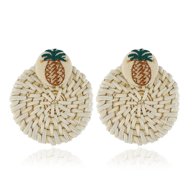 Handmade Pineapple Drop Earring For Women Wooden Straw Weave Rattan