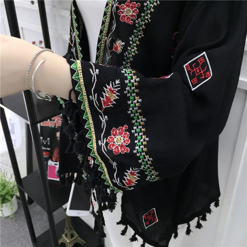 TingYiLi Ethnic Boho Kimono Cardigan Vintage Floral Embroidery Cardigan Girl Beige Black White Cardigans Women Summer 5