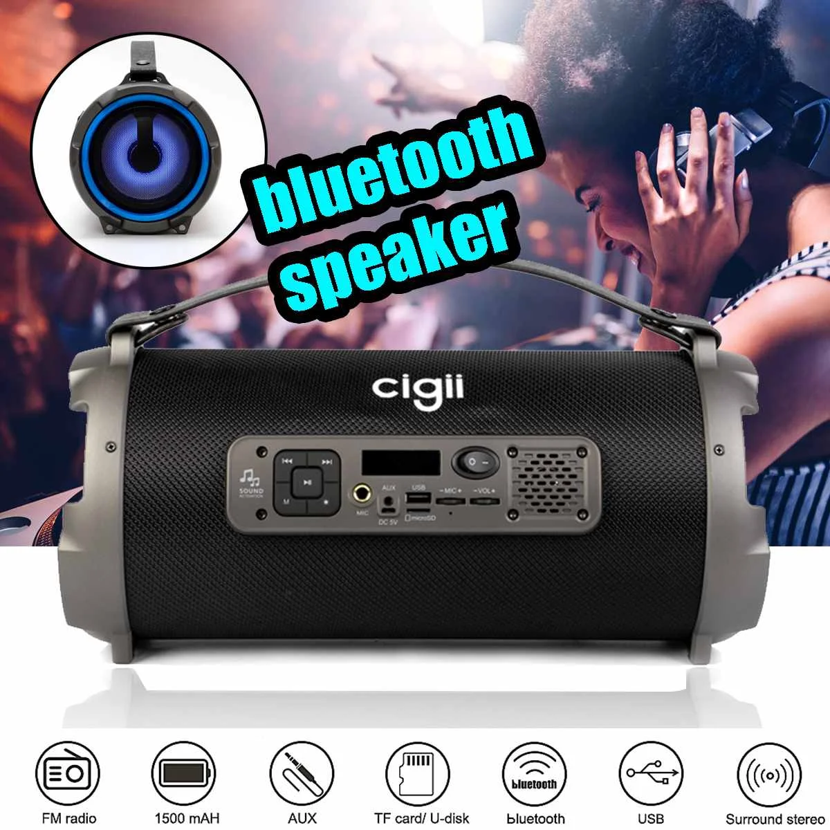 

12W bluetooth Speaker W/ RGB Lights Portable Wireless Loudspeaker Subwoofer 360 Sound System HIFI FM Radio USB AUX TF for PC TV