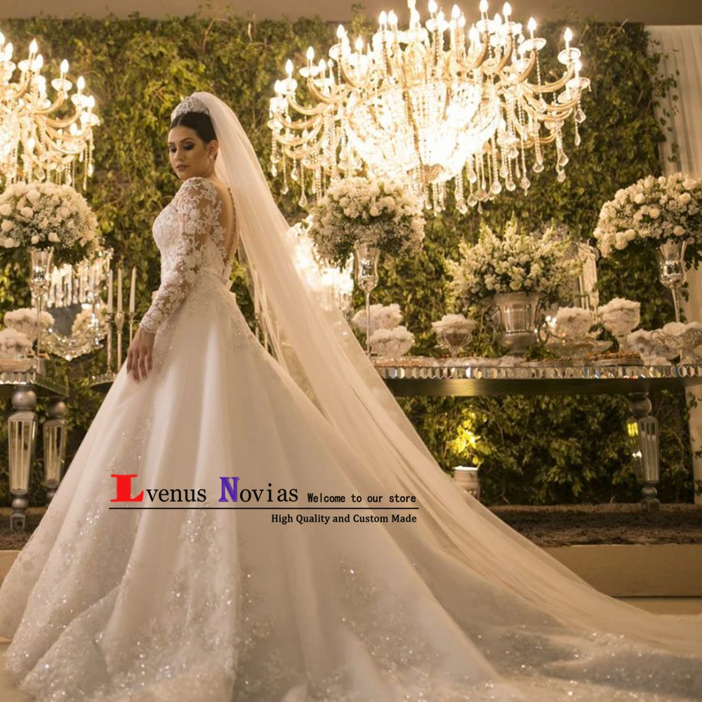 

vestido novia Vintage Dubai Wedding Dresses Long Train Luxury Beaded Lace Long Sleeve Wedding Dress Ball Gown Robe de Mariee