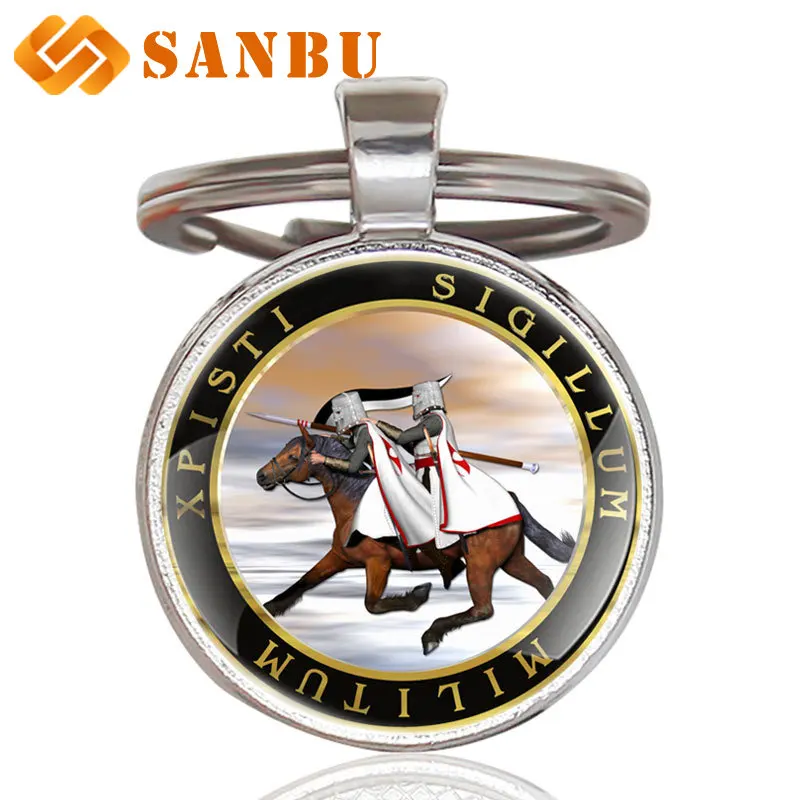 

Vintage Silver Knight Templar Glass Cabochon Key Chains Retro Men Xpisti Sigillum Militum Key Rings
