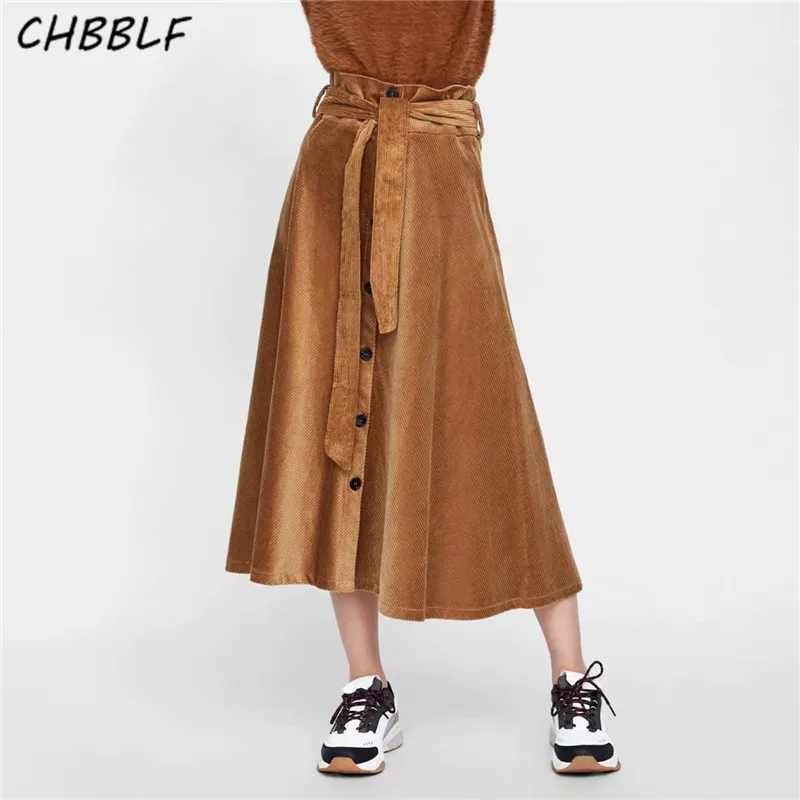 

CHBBLF women bow tie belt corduroy skirts paperbag waist faldas mujer sigle breasted female vintage pleated midi skirt BFB8527