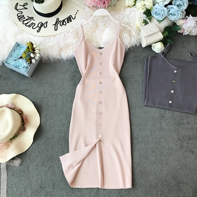 

Women Sleeveless Knitted Dress Spring and Summer New Ice Silk V Collar Package Hip Vestidos F555