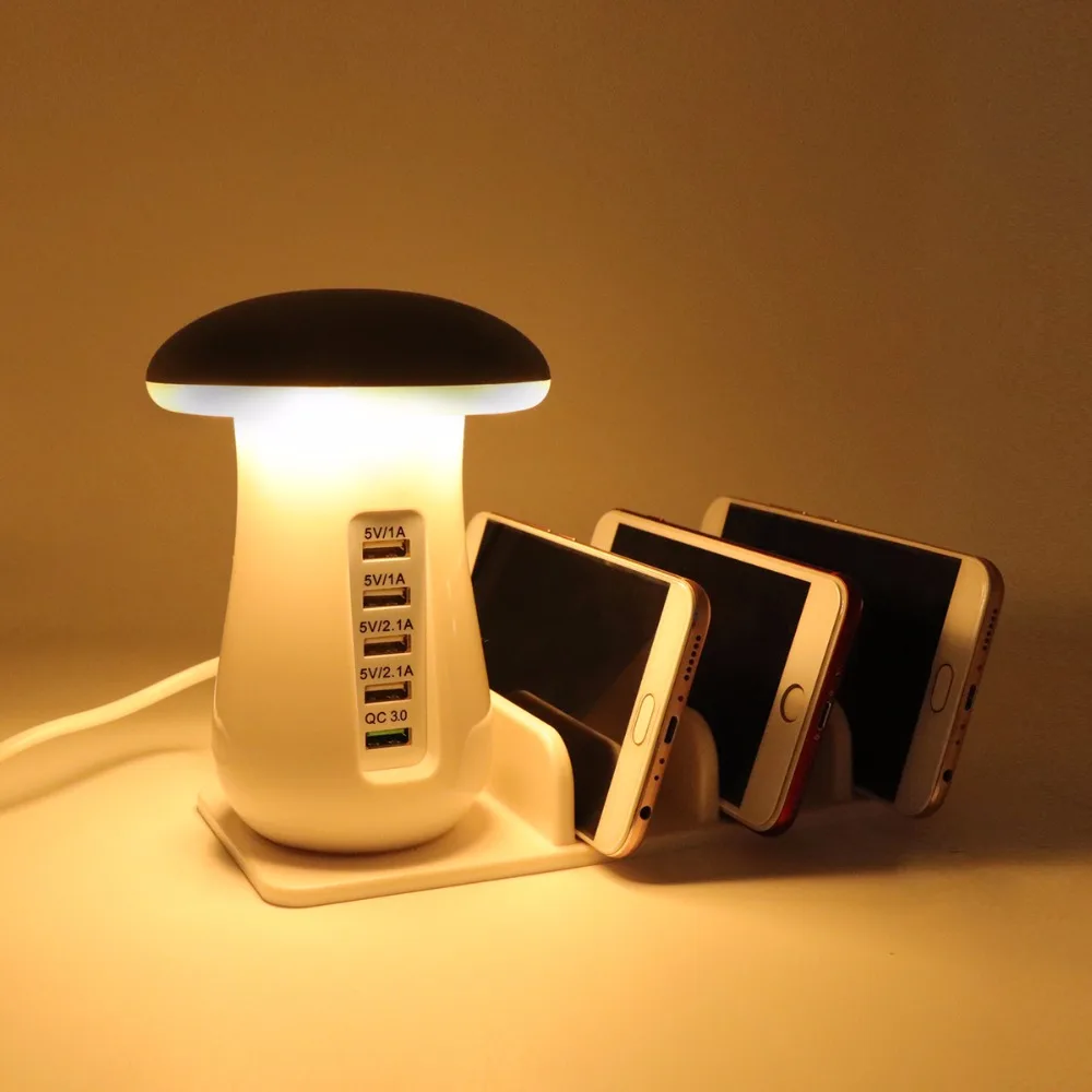 

YWXLight Mushroom Night Light Button mode/Touch mode 3.0 USB Charger Hub 5 Port Adapter Phone Charging LED Mushroom Desk Light