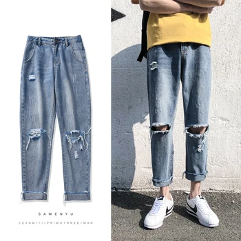 

2019 Summer Men's Holes Casual Pants Male Loose High-quality Light Blue Color Jeans Fashion Trend Trousers Plus Size S-2XL