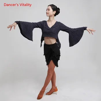 

Women Latin Dance Suits Lotus Leaf Sleeves Tops+Multi-storey Skirt 2pcs Set For Latin Dancing Performance/Practice Clothes