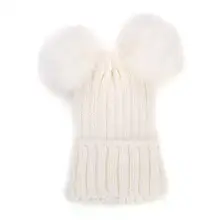 Новая мягкая Толстая теплая перекрестная вязка, шапки для женщин, зимние помпоны из натурального меха енота, Женская Шапка-бини, шапка с двумя шариками